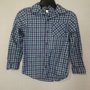 Tea Collection Button Down Long Sleeve Shirt Boys Sz 10 Blue Green 1 Pocket EUC